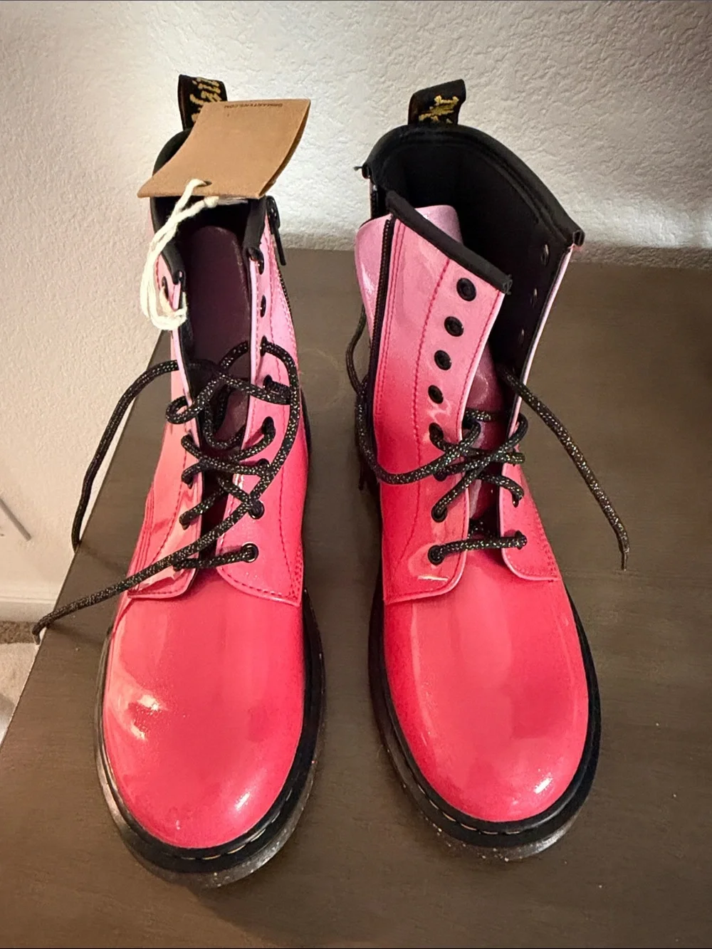 Dr. Martens Pink Ombre Patent Combat Boots with Glitter Sole